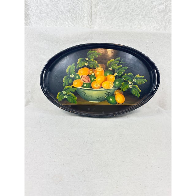 Rustic Vintage Hand-Painted Black Lacquer Oval Tole Serving Tray With Citrus Fruit For Sale - Image 3 of 11