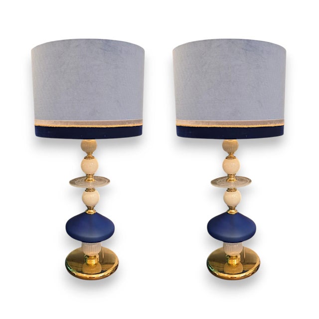 1970s Blue and White Murano Glass Lamps by Gino Cenedese, 1970, Set of 2 For Sale - Image 5 of 5