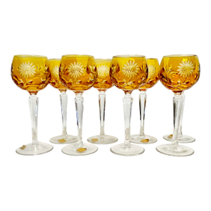 Mid-Century Hollywood Regency German Natchtmann Traube Cut Crystal Wine Glasses - Set of 8