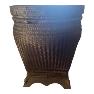Chinese Vintage Hand Stitched Rattan Basket With Round Top and Dark Patina For Sale