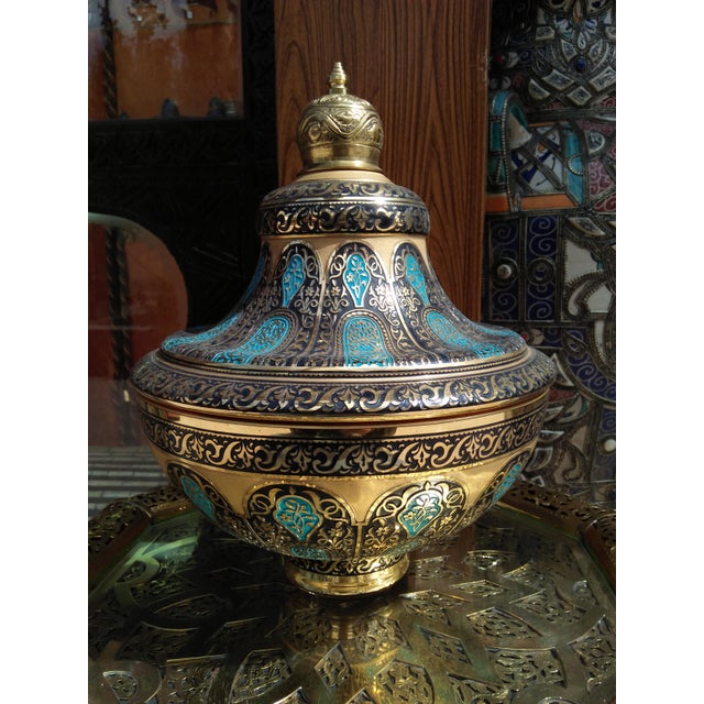 Onyx Hand Painted Glass Bowl With Cover Decorated With 24 Karat Gold and Multi-Blue Colors & Brass For Sale - Image 8 of 8