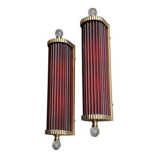 Vintage Skyscraper Art Deco Light Old Lamp Wall Sconces Fixture Brass & Red Glass Rod Ship Light - Pair For Sale
