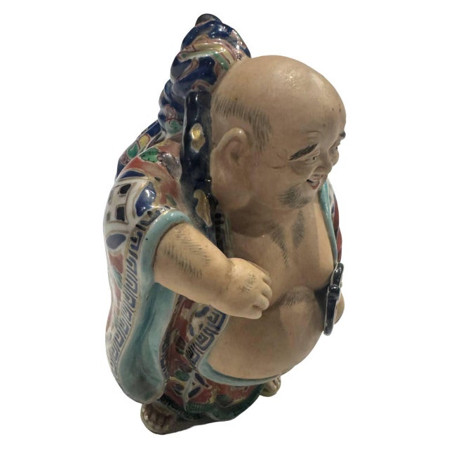 Vintage Japanese Kutani Ware Pottery Statue Hotei-Sama Seven Lucky Gods H8in For Sale - Image 12 of 13