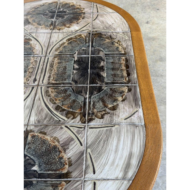 Wood Oak Inset Tile Top Oval Coffee Table With Scalloped Apron Vintage Mid-Century Modern 1970s For Sale - Image 7 of 10