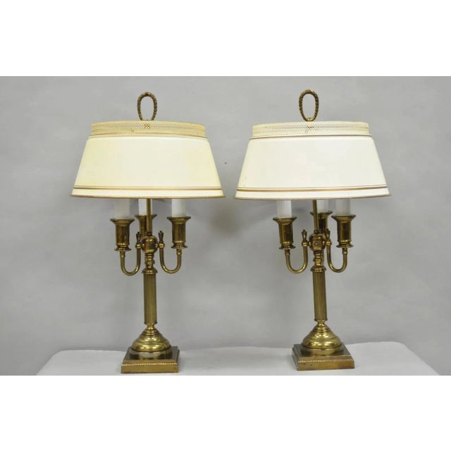 Vintage French Country Tole Metal Shade Brass Column Candelabra Table Lamps Pair For Sale - Image 16 of 16