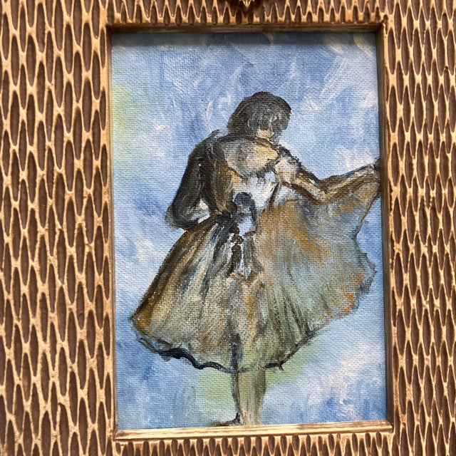 1970s original after degas ballerina painting in vintage tabletop frame. Unsigned. Painting is 5x7 and framed is 8x10.
