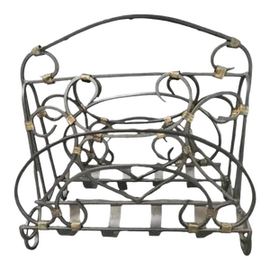 Late 20th Century Vintage Wrought Iron Charcoal Gray Brass Detail Magazine Holder Rack