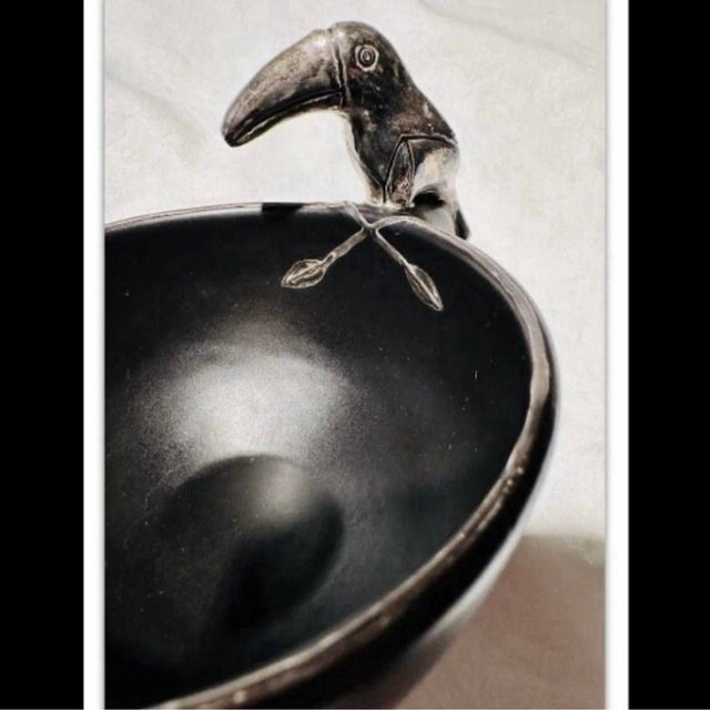 Vintage 1990s Emilia Castillo Mexican Silver Ceramic Toucan Cups Saucers Sets - Set of 6 For Sale In Fayetteville, AR - Image 6 of 10