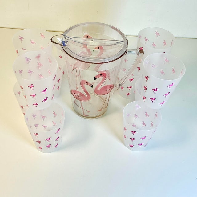 Pink Vintage Coastal Boho Chic Flamingo Poolside Lucite Acrylic Pitcher & Plastic Glasses - Set of 13 For Sale - Image 8 of 14