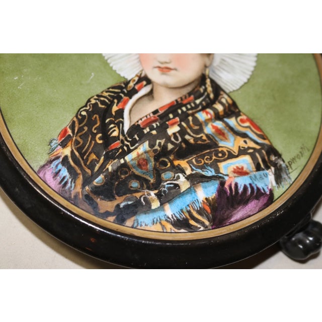 Antique Hand Painted Figural Realism Portrait Porcelain Footed Trivet Stand For Sale - Image 10 of 11