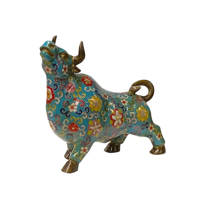 2020s Vintage Metal Turquoise Blue Enamel Cloisonné Ox Figurine For Sale - Image 5 of 5