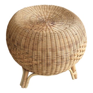 Vintage Wicker Rattan Footstool Ottoman For Sale