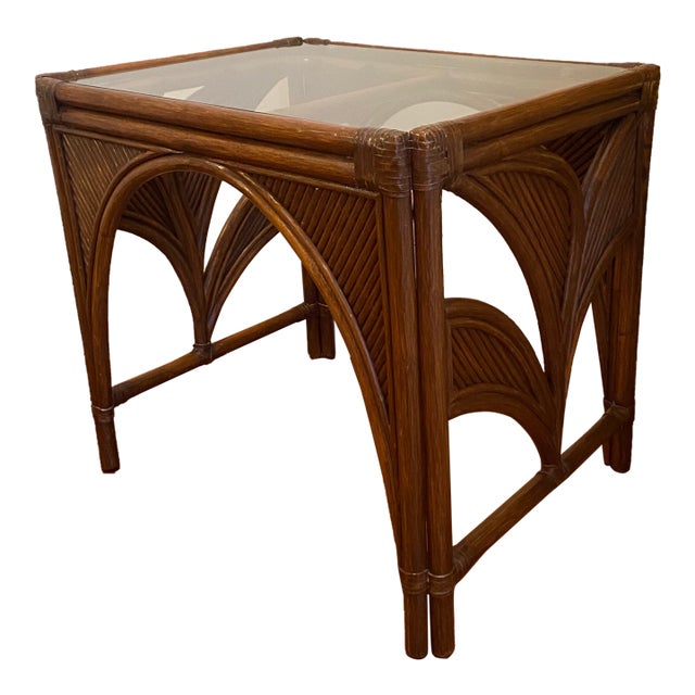 Vintage 1970s Rattan & Glass Palm End Table – Boho Coastal Tropical For Sale