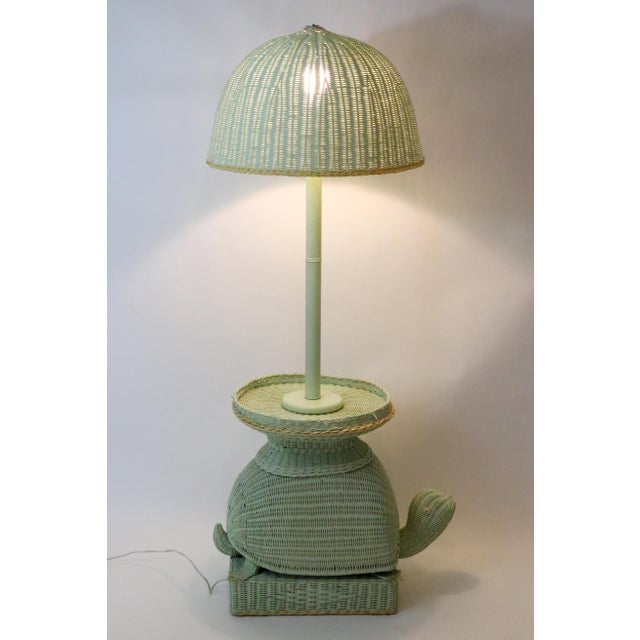 Vintage Palm Beach Regency Mint Green Wicker Turtle Side Table