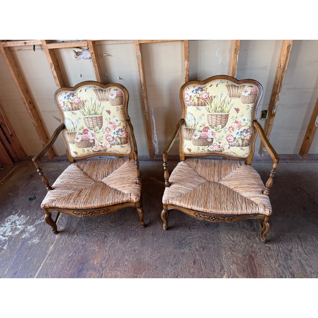 Brown Late 20th Century Pair of Louis XV Floral Motif Upholstered Rush Seat Lounge ArmChairs With Ottoman For Sale - Image 8 of 16
