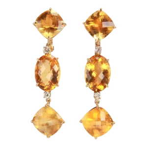 Elegant Citrine Diamond Gold Three Stone Cushion Drop Earrings - A Pair