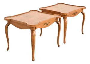 Baker Furniture French Provincial Louis XV Carved Cherry and Burl Wood Tea Tables or End Tables, Pair