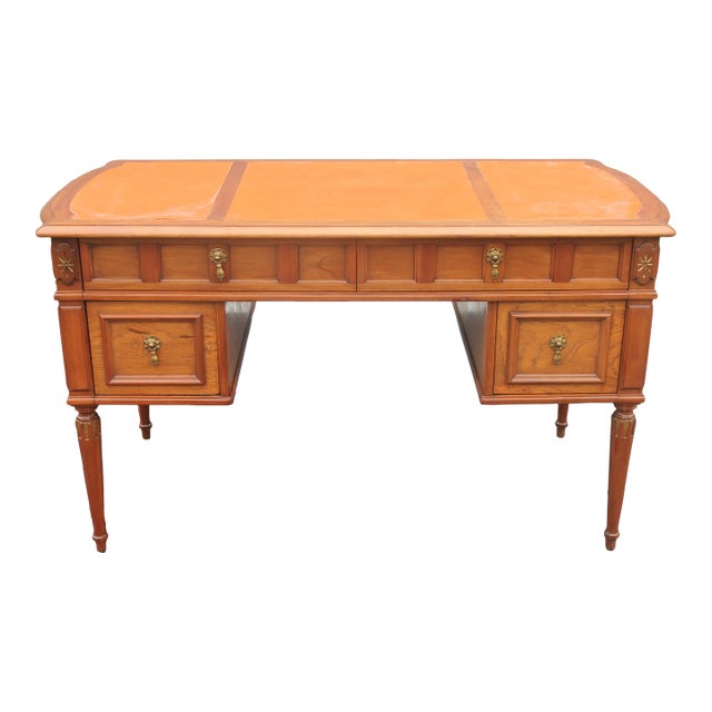 1940's Traditional Style Writing Desk With Hermes Orange Leather Top For Sale