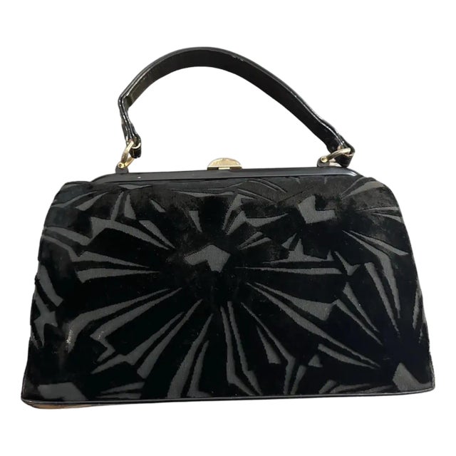1950s Art Deco Black Velvet Italian Top Handle Bag For Sale