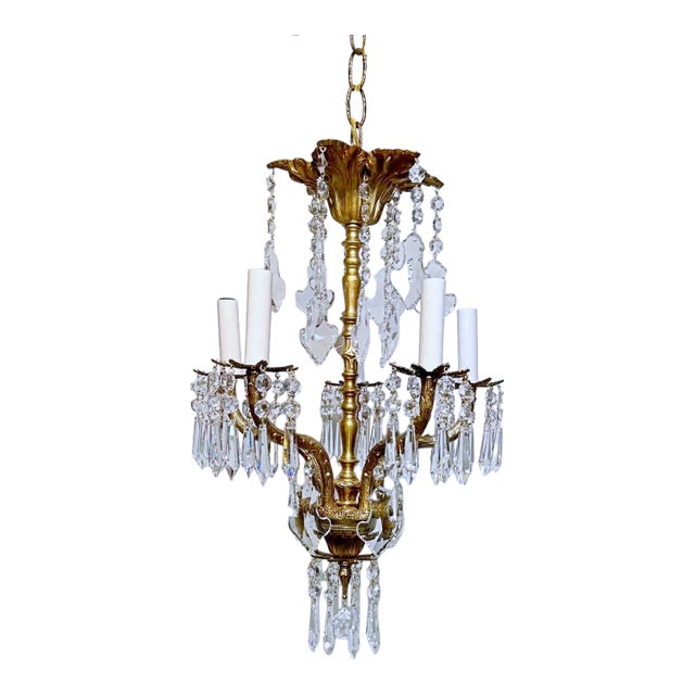 Vintage Brass Chandelier With Crystal Prisms For Sale