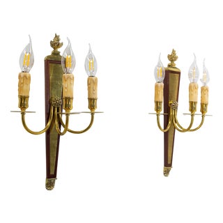 Louis XVI Triple Sconces in Brass and Iroko, 1960s, Set of 2 For Sale
