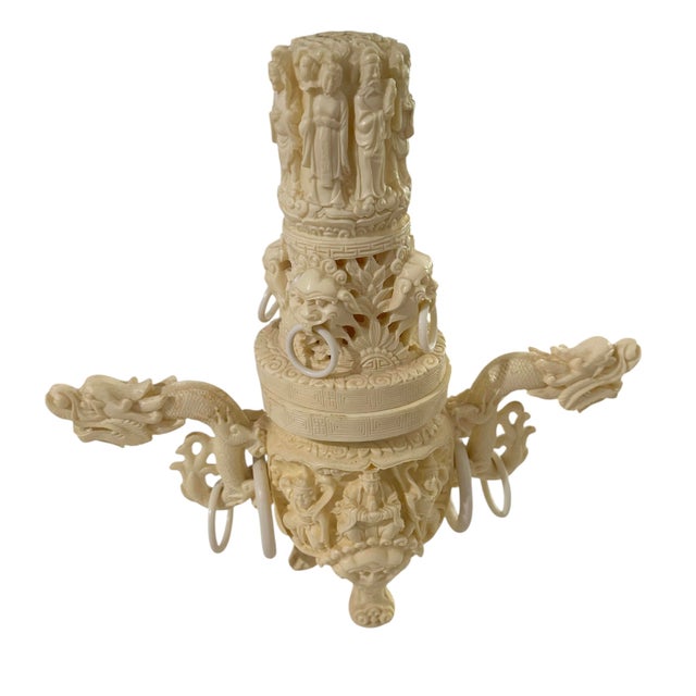 Japanese Vintage Asian Faux Ivory Vase With Ornate Sculptures and Dragon Handles For Sale - Image 3 of 12