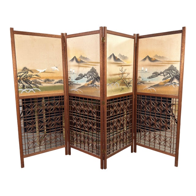 Japanese Four-Panel Teak Room Divider Screen With Silk Landscape Panels and Asanoha Fretwork For Sale