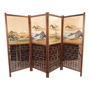Japanese Four-Panel Teak Room Divider Screen With Silk Landscape Panels and Asanoha Fretwork