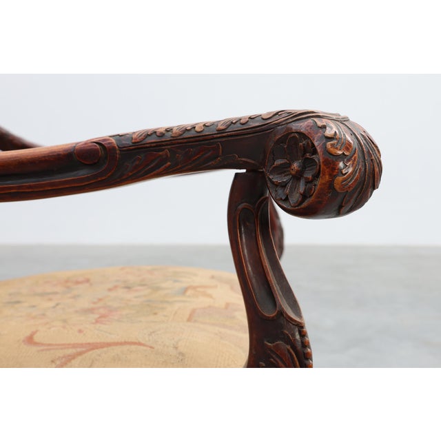 Carved Walnut Armchair with Scrolling and Tapestry Upholstery, France, 1800 For Sale - Image 6 of 16