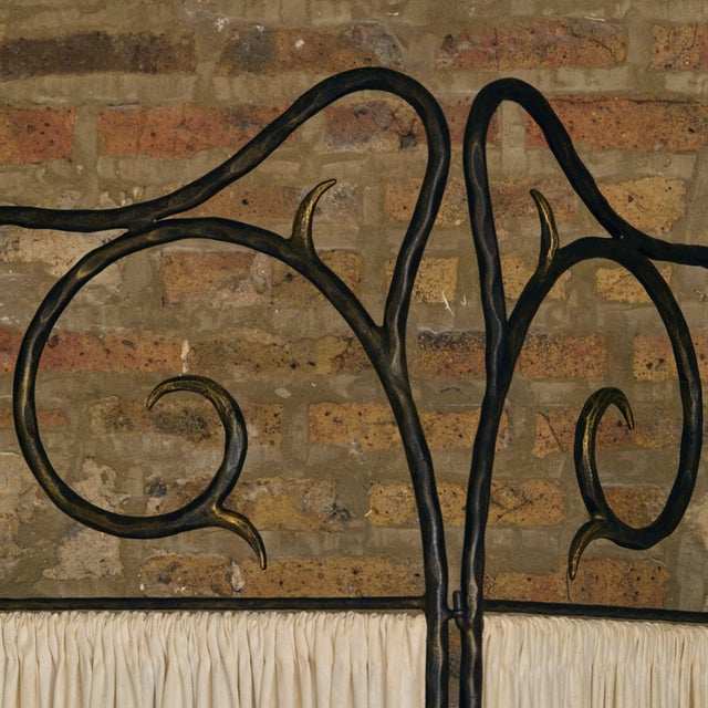 Modern Vintage French Four-Panel Hammered Iron Folding Screen with Pleated Fabric For Sale - Image 3 of 11
