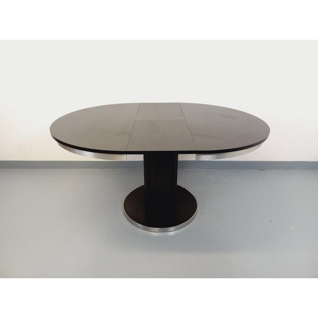 Vintage Round Dining Table in Black Wood-Effect Melamine and Chrome Metal, Space Age/1970s Style, with Integrated Extension For Sale - Image 6 of 18