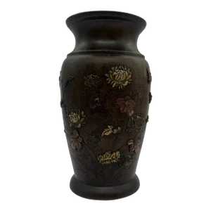 Antique Japanese Meiji Period Mixed Metal Bronze Vase W/ Bird Detailing - Signed