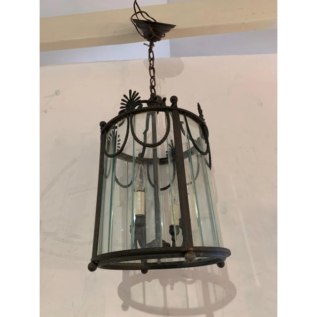1920s Neoclassical Patinated Bronze & Glass Pendant Chandelier Lantern For Sale - Image 5 of 9