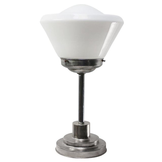 Silver Art Deco White Opaline Cone Glass and Nickel-Plated Desk Lamp For Sale - Image 8 of 8
