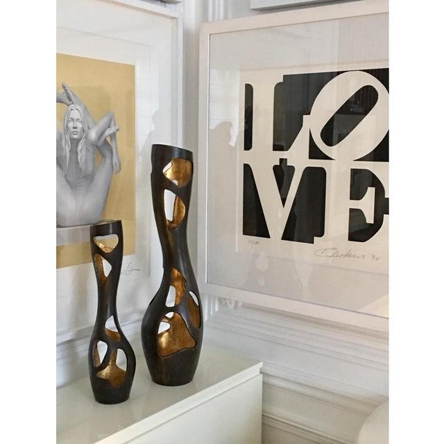 Metal Bronze Gold Leaf Vases by Reda Amalou Design, Set of 2 For Sale - Image 7 of 15