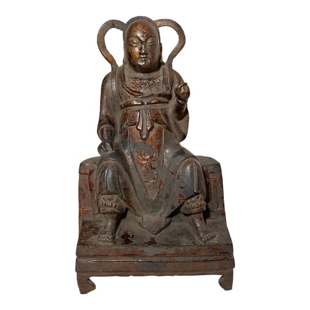 Rare Antique 18th Century Chinese Lacquered Cast Iron Sculpture of Zhenwu Statue For Sale