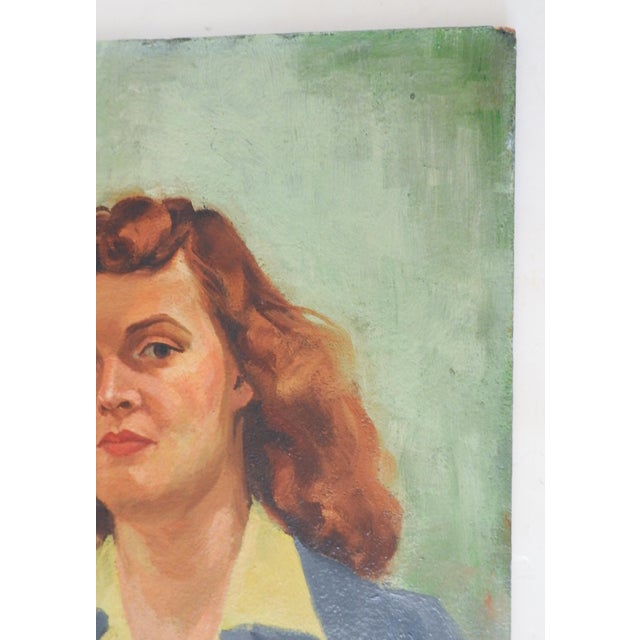 1940s Vintage 1943 Portrait Red Haired Woman in Blue Suit Painting For Sale - Image 5 of 8
