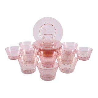 1920s Italian Murano Pink Blown Glass Dessert Service Bowls and Plates 10 Each For Sale