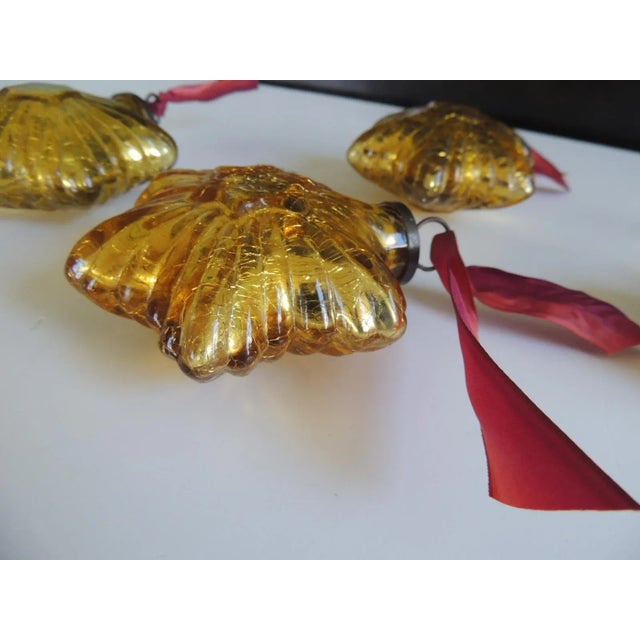 Gold Tone Mercury Glass Ornaments With Silk Ribbons - Set of 4 For Sale - Image 4 of 7