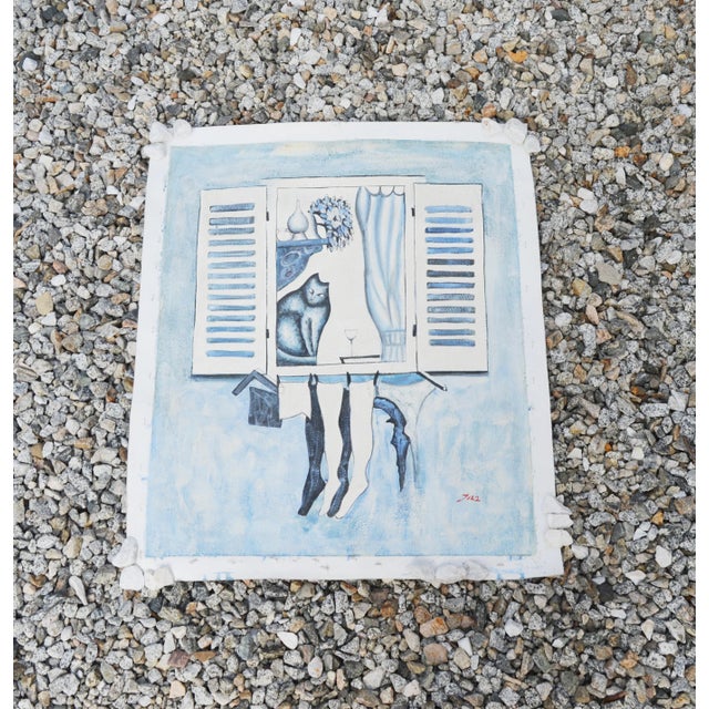 Textile 1995 Vintage Cubist Sky Blue Oil Painting on Canvas, Signed Dated For Sale - Image 7 of 13