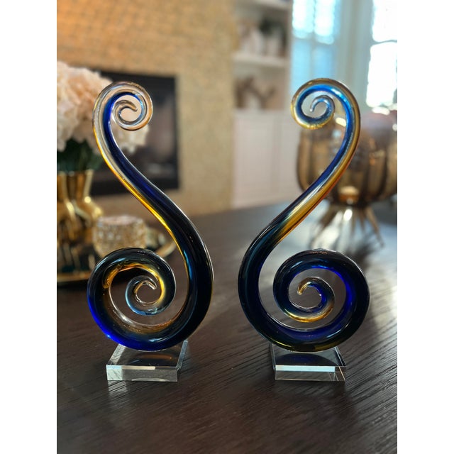 Set of 2 Contemporary Colored Blue Clear Gold Glass Sculptures For Sale - Image 4 of 10