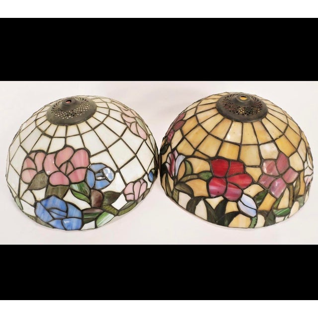 Art Nouveau Pair of Vintage Art Nouveau Style Leaded Glass Lamps For Sale - Image 3 of 5