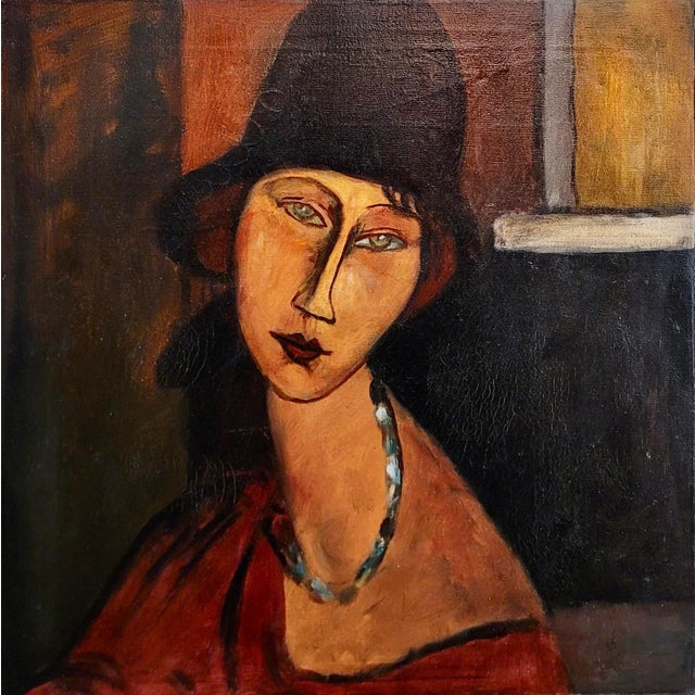 1930s After Modigliani - Portrait of a Girl W/ Hat & Necklace -1930s Oil Painting For Sale - Image 5 of 9