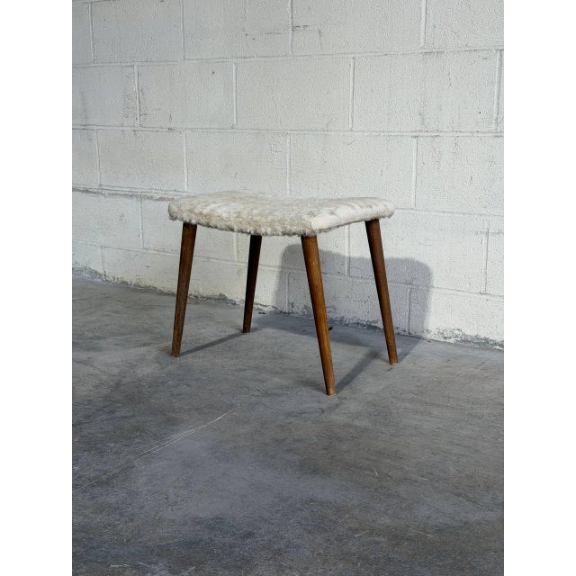 Vintage Danish Mid Century Modern Teak Vanity Stool With Sheepskin Upholstery For Sale - Image 4 of 8