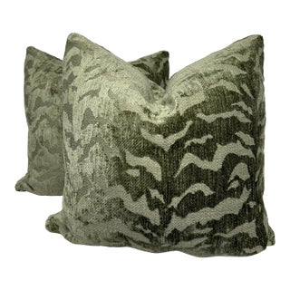 Tiger Chenille in Olive Green 22" Pillows-a Pair For Sale