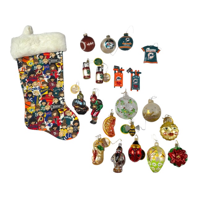 European and Inge-Glas Sport and Misc Christmas Ornaments With Stocking, Set of 20 For Sale