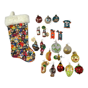 European and Inge-Glas Sport and Misc Christmas Ornaments With Stocking, Set of 20
