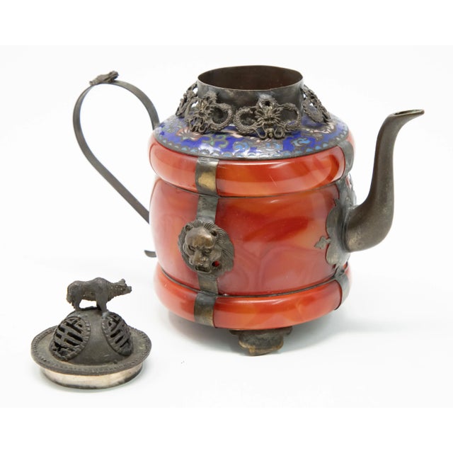 Vintage Chinese Carnelian and Enamel With Bronze Filigree Teapot For Sale - Image 11 of 13
