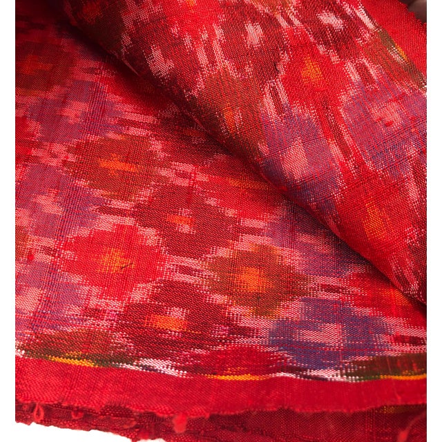 Red Raw Silk Ikat Fabric Hand Spun Woven 7 Yards X 46 Inch Multicolor Green Blue Yellow For Sale - Image 4 of 6