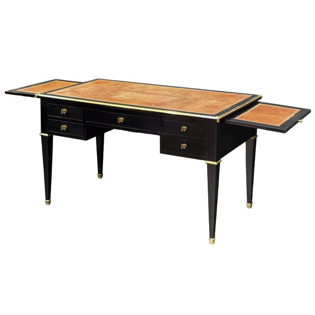 Black French Louis XVI Ebonized Writing Table or Desk With Embossed Leather Top For Sale - Image 8 of 13